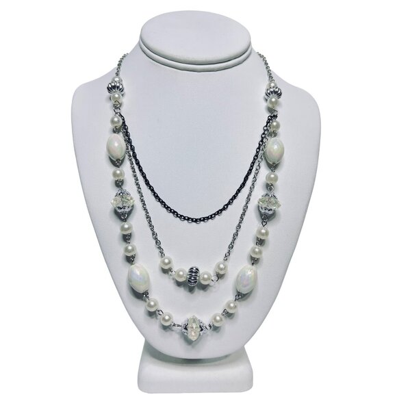 Silver Tone Bib Necklace With Clear Crystals & White Iridescent Beads (5887) - Picture 1 of 6